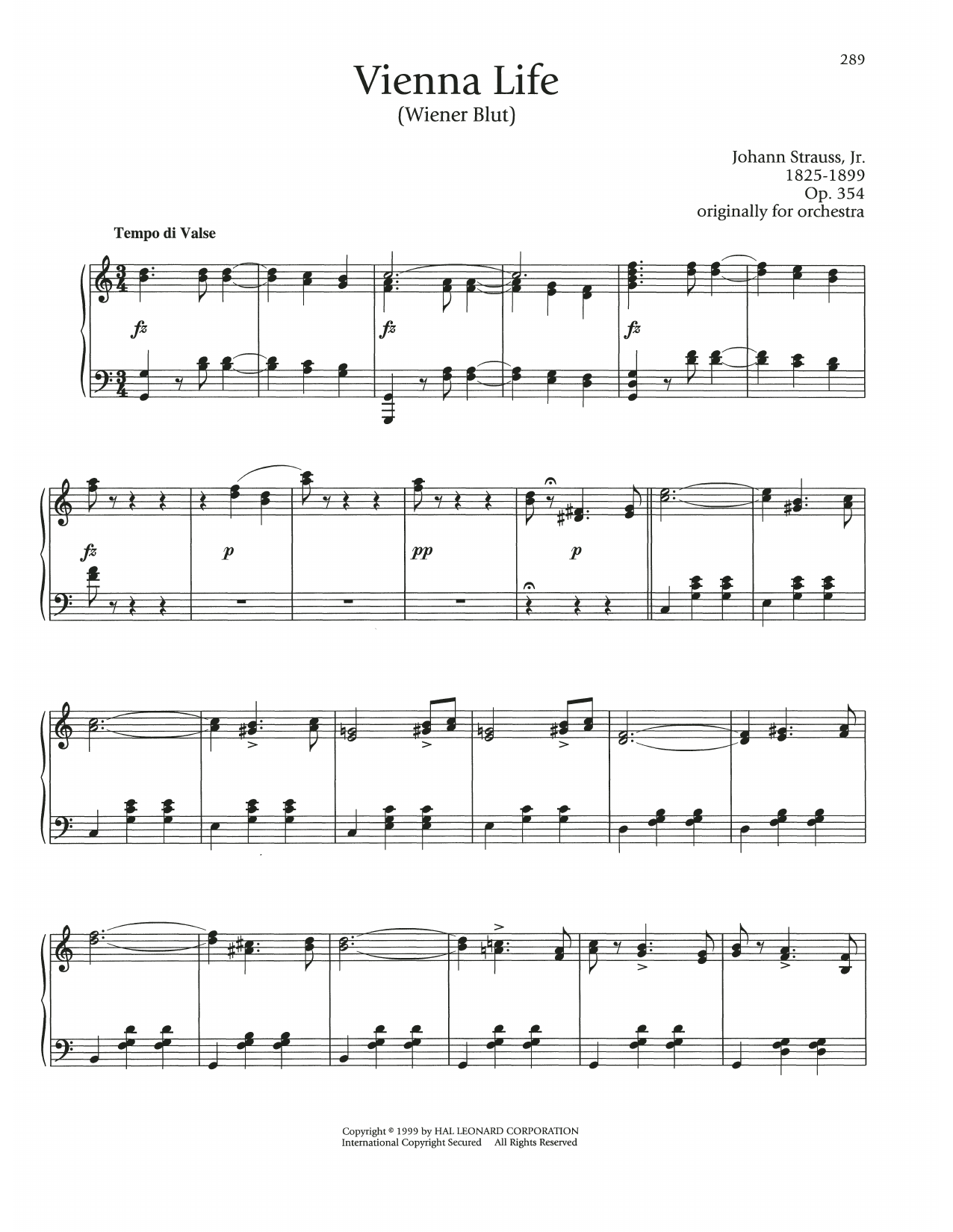 Johann Strauss II Vienna Life, Op. 354 sheet music notes and chords arranged for Piano Solo