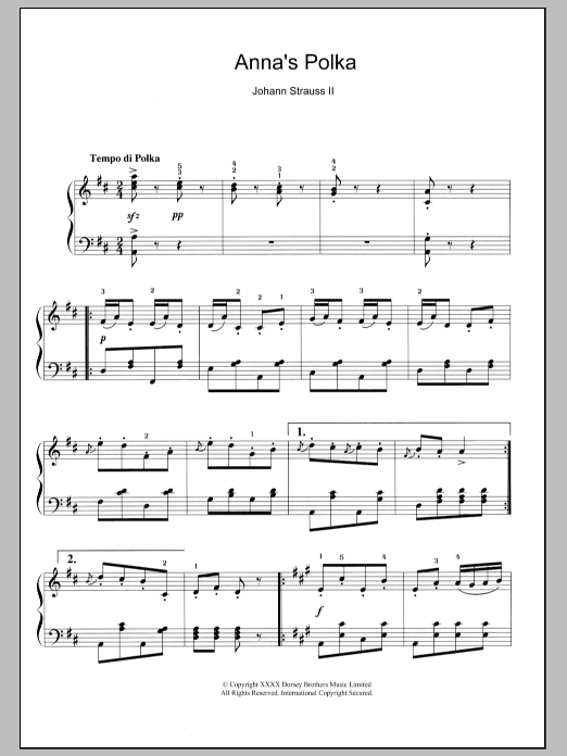 Johann Strauss, Jr. Anna's Polka sheet music notes and chords arranged for Piano Solo