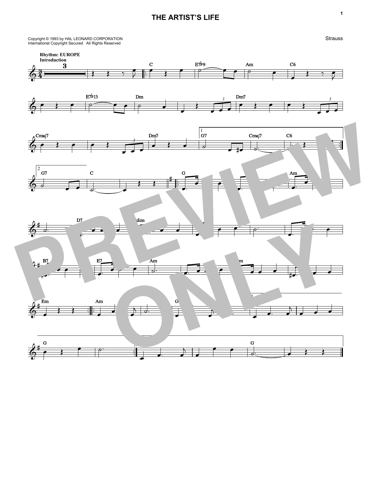 Johann Strauss, Jr. Artist's Life sheet music notes and chords arranged for Lead Sheet / Fake Book