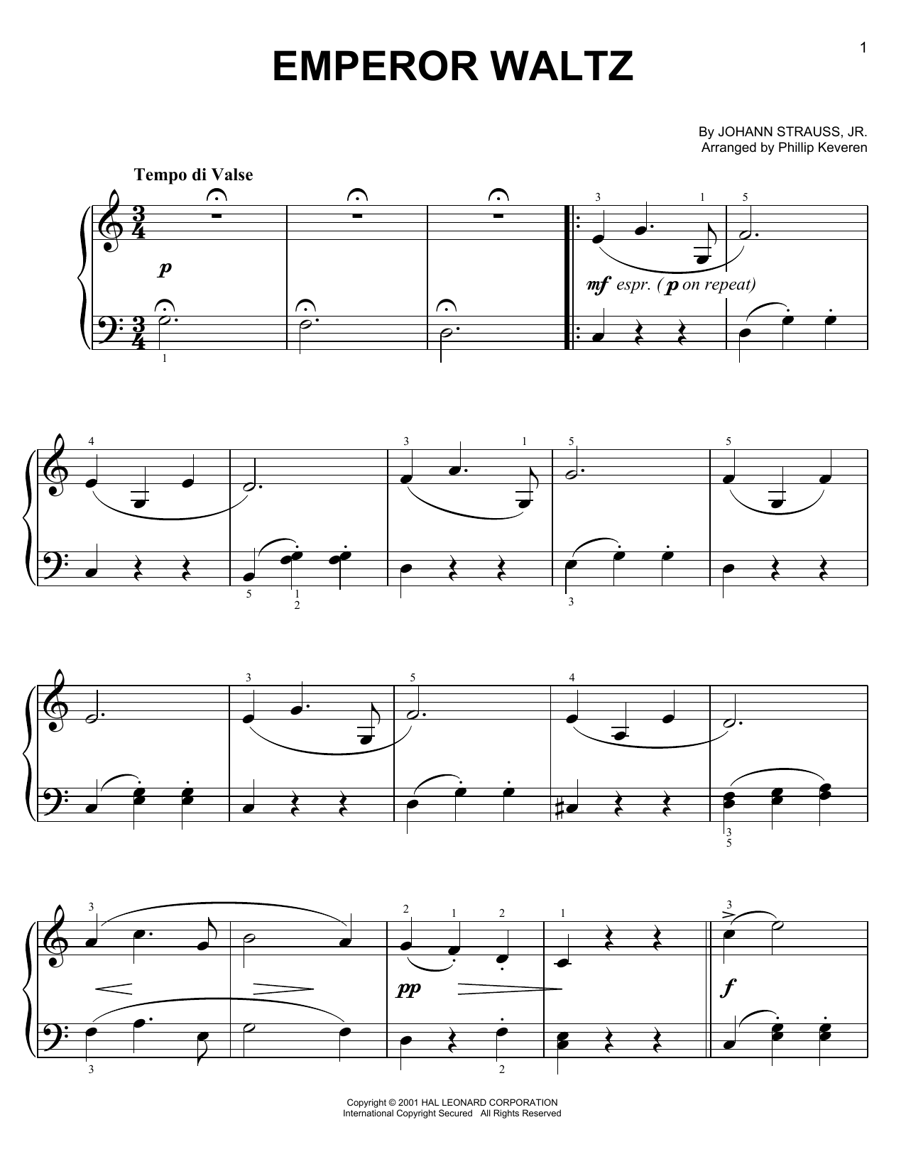 Johann Strauss Jr. Emperor Waltz (arr. Phillip Keveren) sheet music notes and chords arranged for Easy Piano