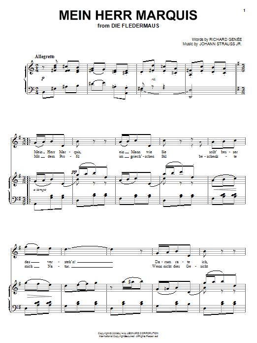Johann Strauss Jr. Mein Herr Marquis sheet music notes and chords arranged for Piano, Vocal & Guitar Chords (Right-Hand Melody)