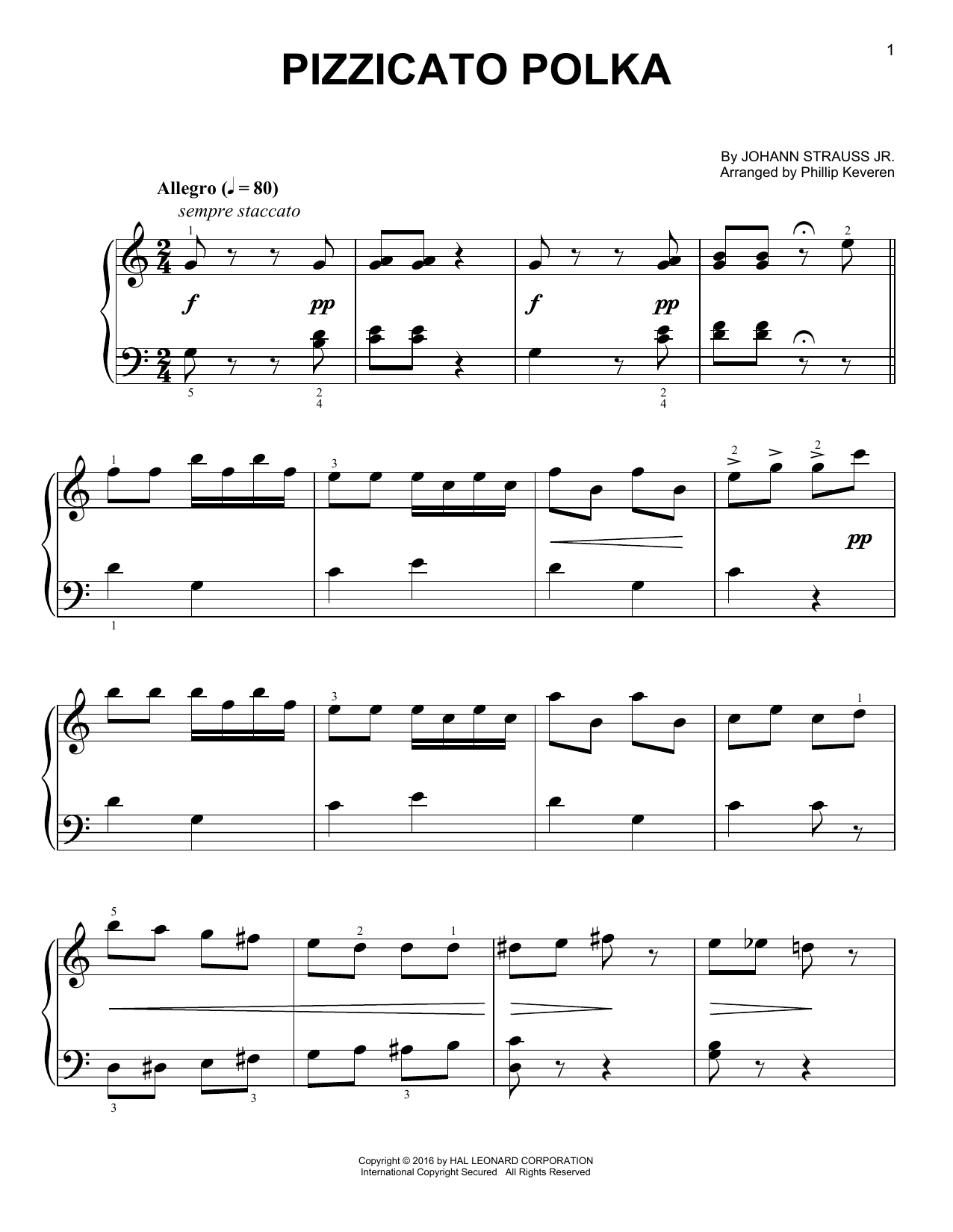Johann Strauss, Jr. Pizzicato Polka [Classical version] (arr. Phillip Keveren) sheet music notes and chords arranged for Easy Piano