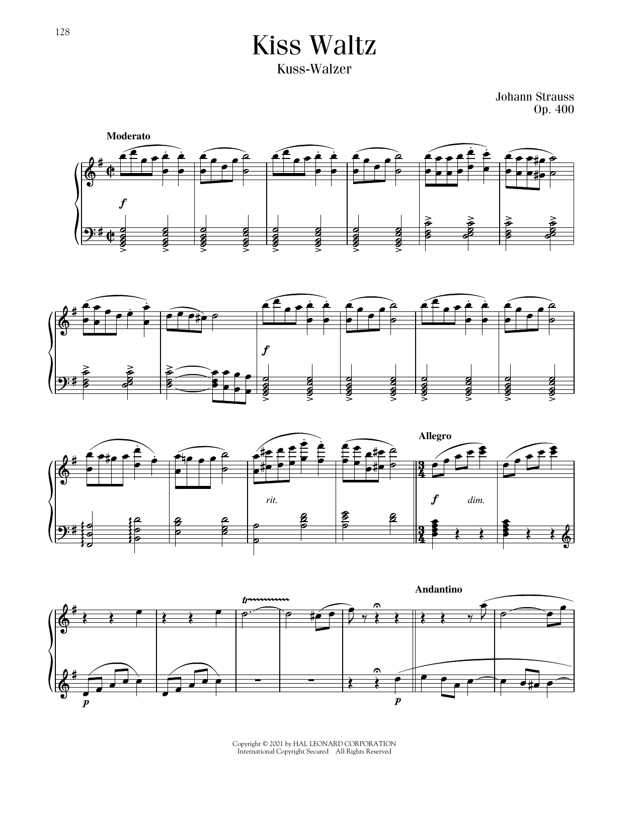 Johann Strauss Kiss Waltz, Op. 400 sheet music notes and chords arranged for Piano Solo