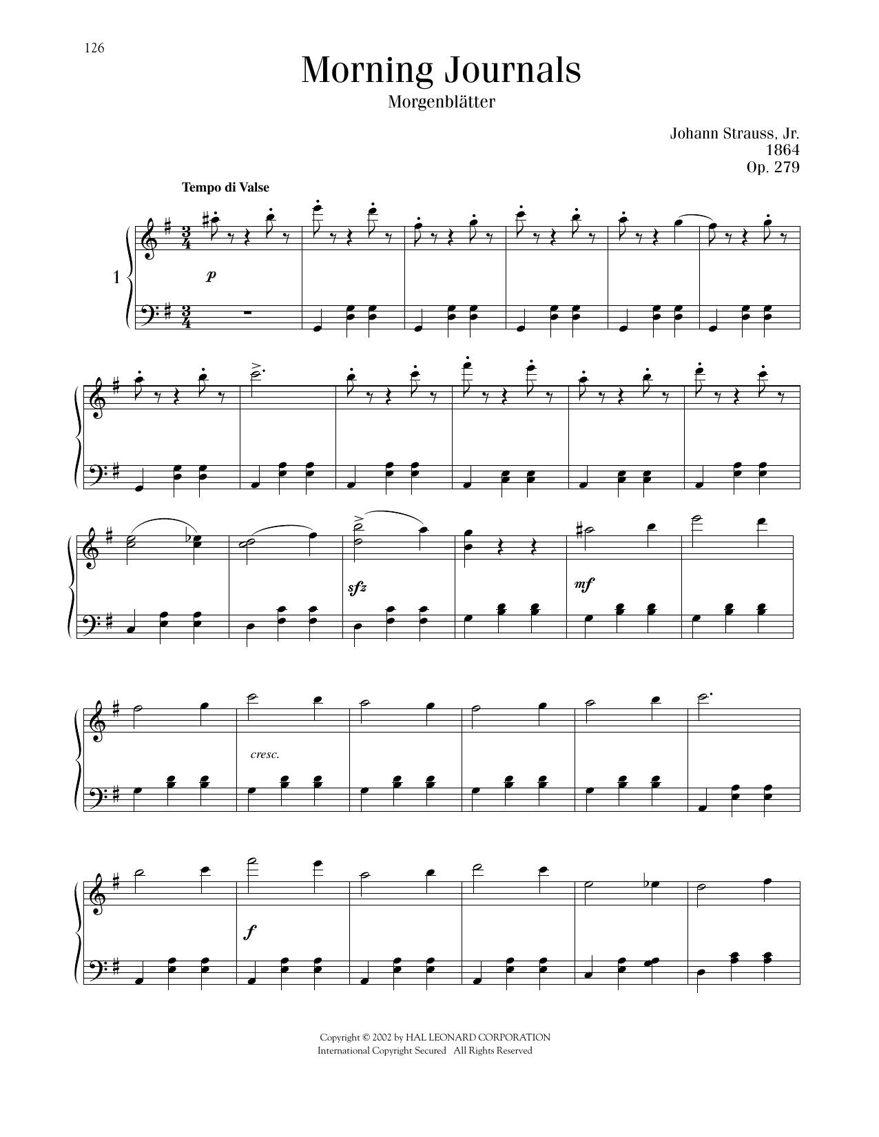 Johann Strauss Morning Journals, Op. 279 sheet music notes and chords arranged for Piano Solo