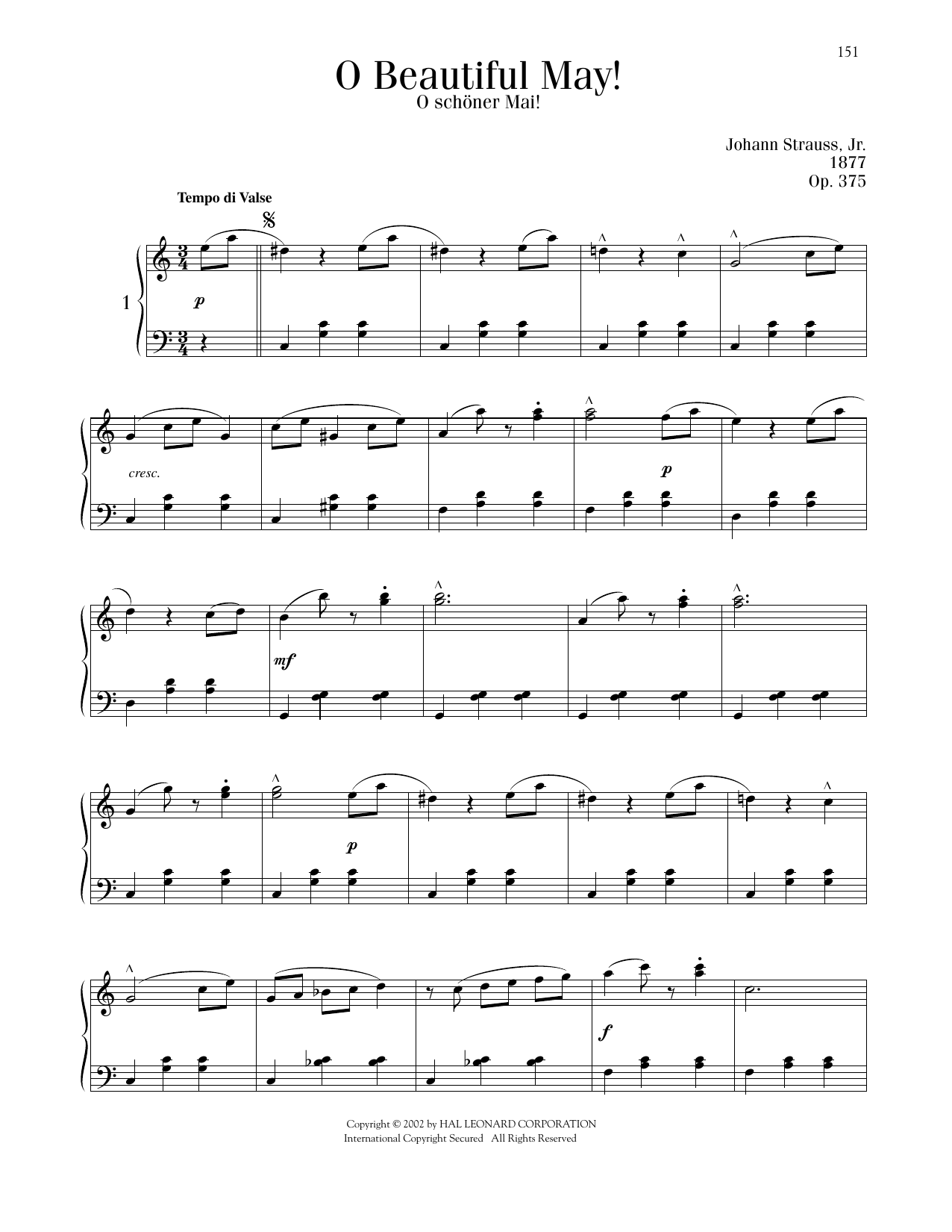 Johann Strauss O Beautiful May!, Op. 375 sheet music notes and chords arranged for Piano Solo
