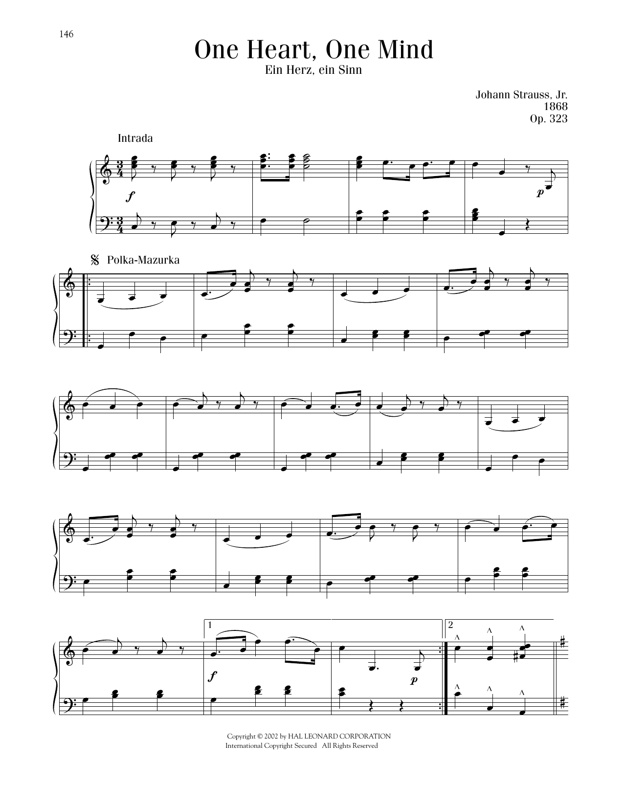Johann Strauss One Heart, One Mind, Op. 323 sheet music notes and chords arranged for Piano Solo