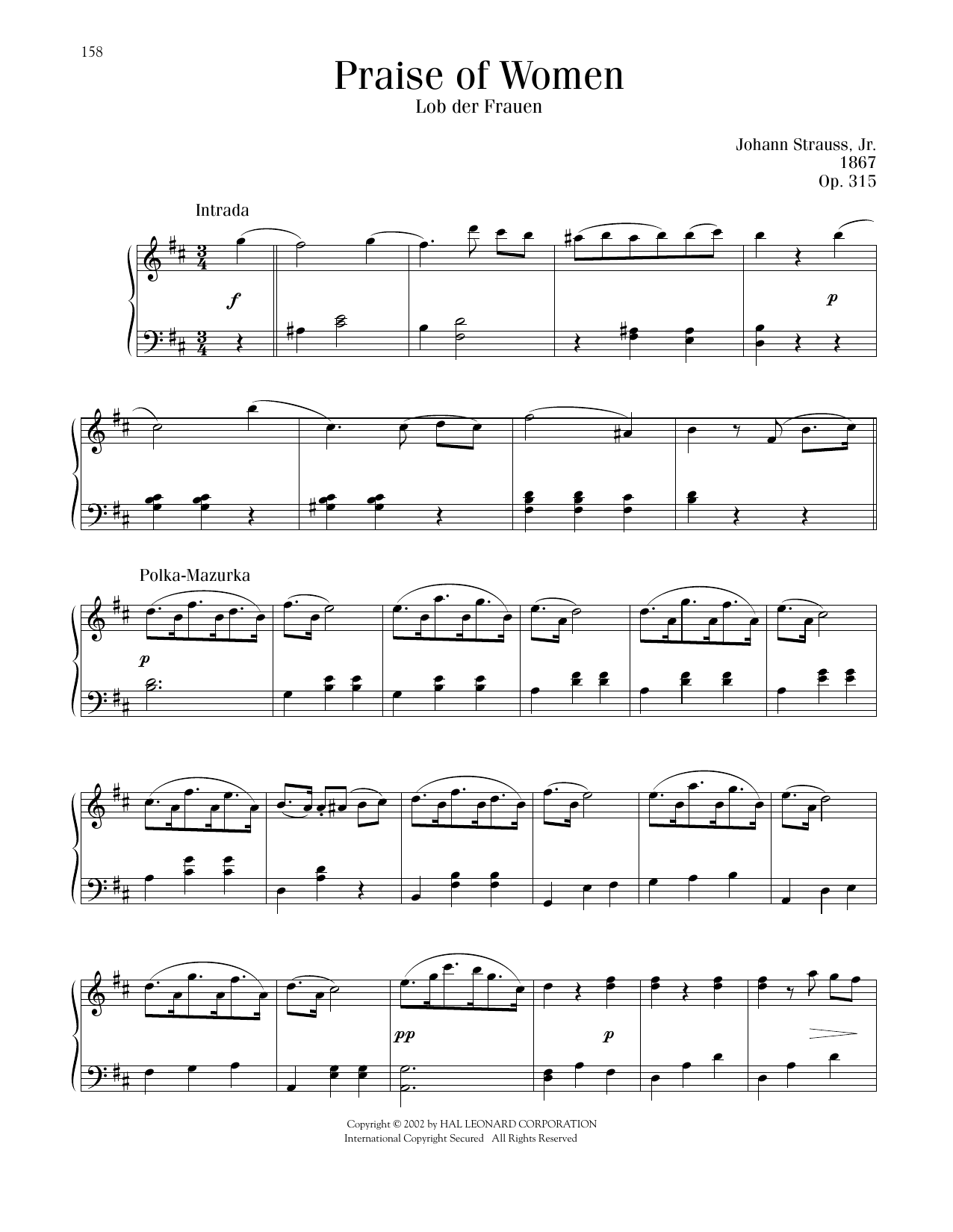 Johann Strauss Praise Of Women, Op. 315 sheet music notes and chords arranged for Piano Solo