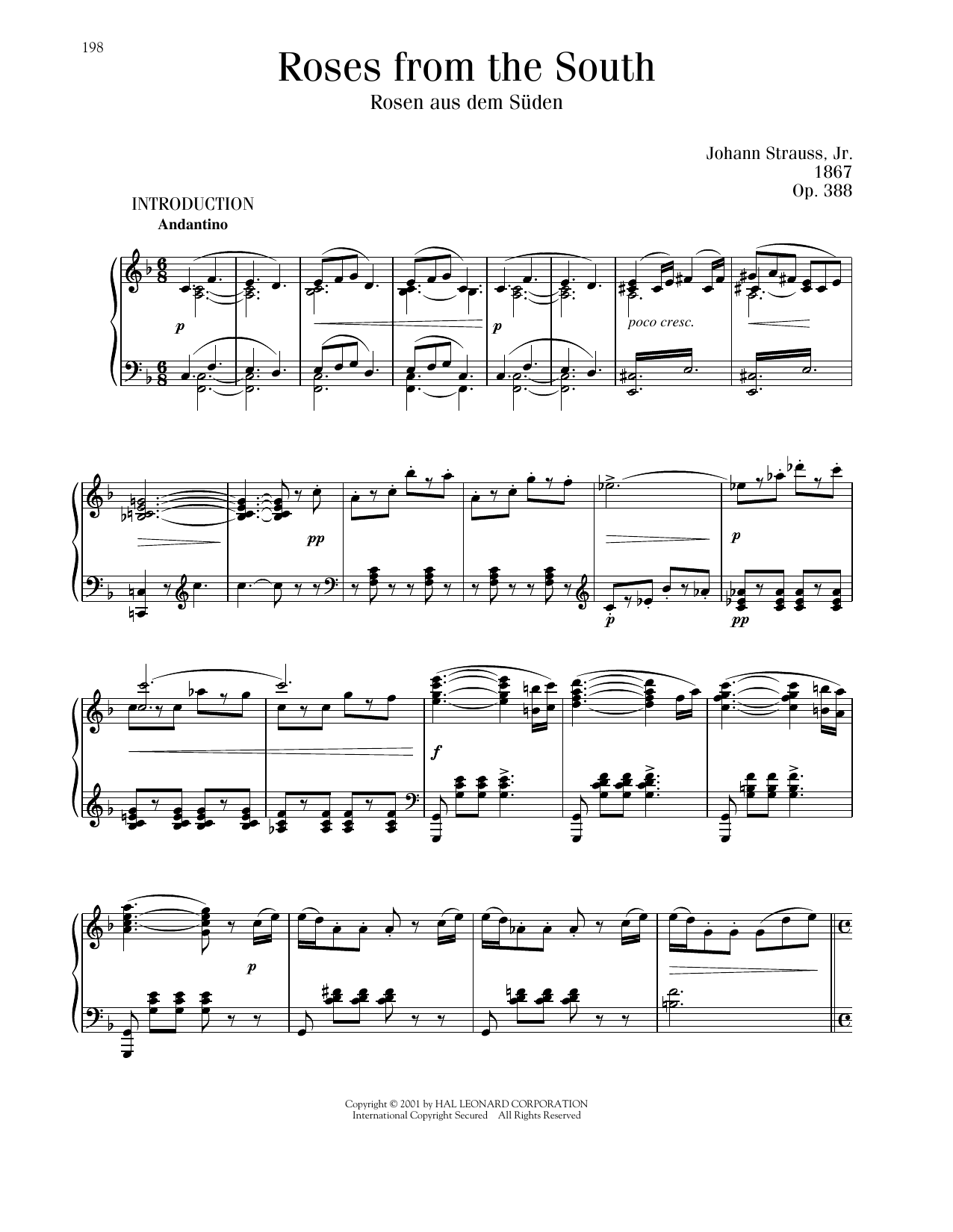 Johann Strauss Roses From The South, Op. 388 sheet music notes and chords arranged for Piano Solo