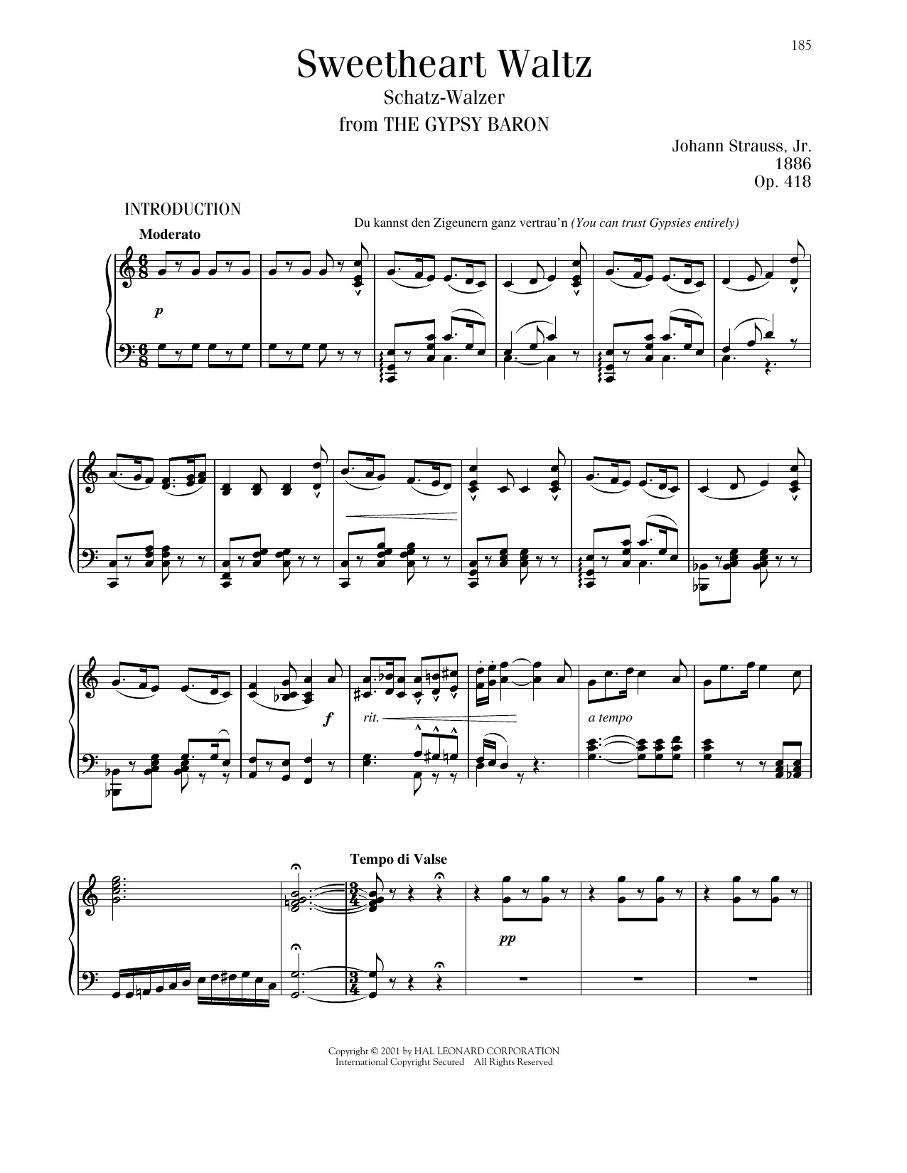 Johann Strauss Sweetheart Waltz, Op. 418 sheet music notes and chords arranged for Piano Solo
