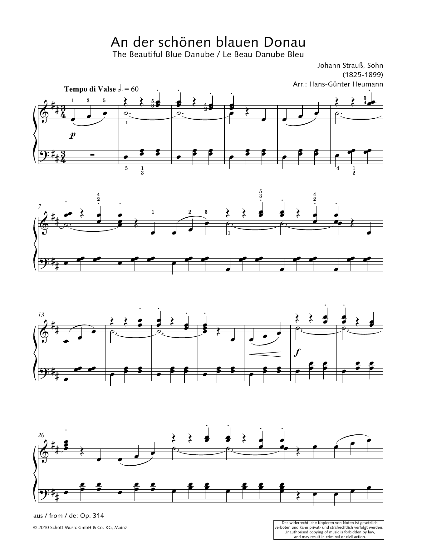 Johann Strauss The Beautiful Blue Danube sheet music notes and chords arranged for Piano Solo