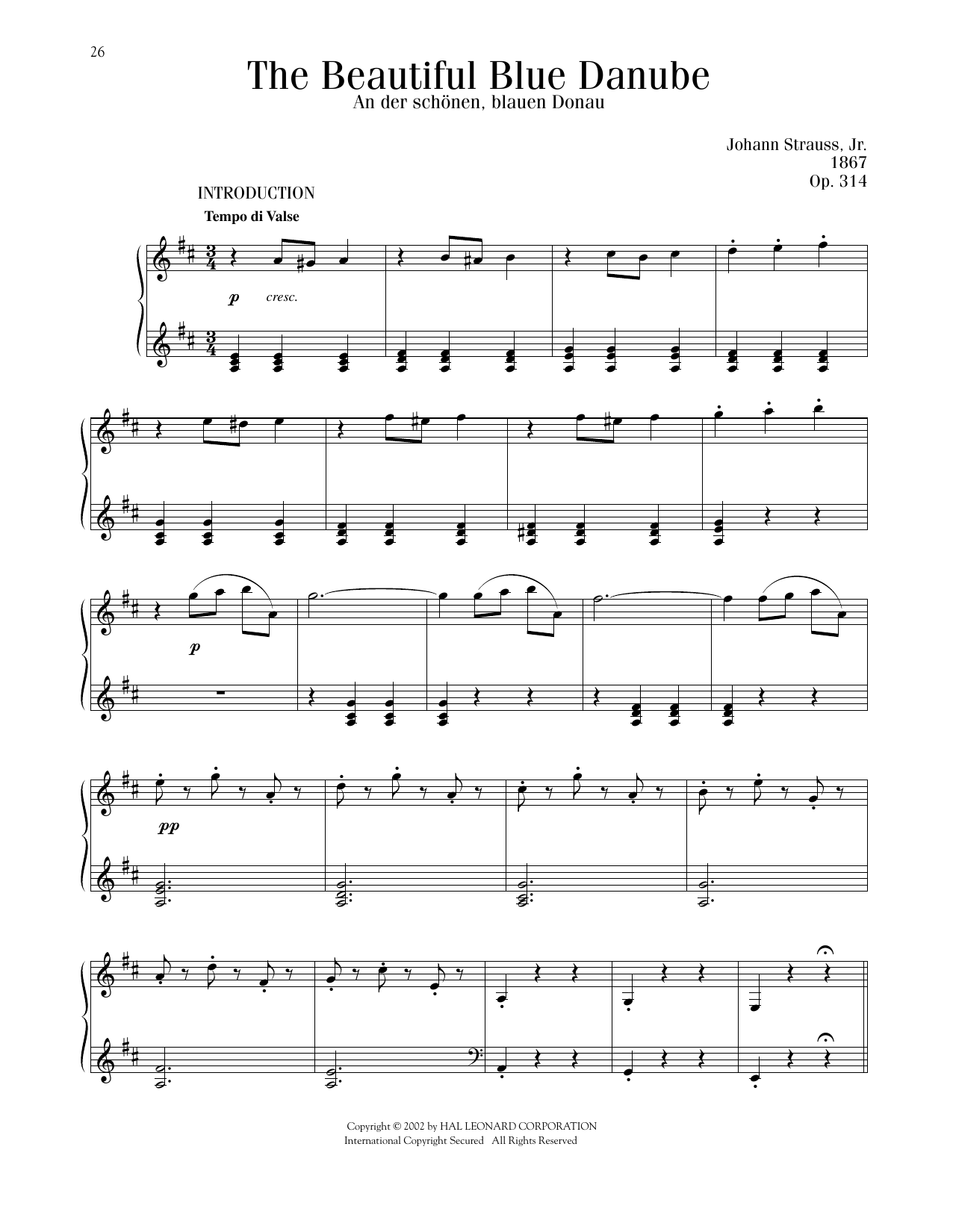 Johann Strauss The Beautiful Blue Danube, Op. 314 sheet music notes and chords arranged for Piano Solo