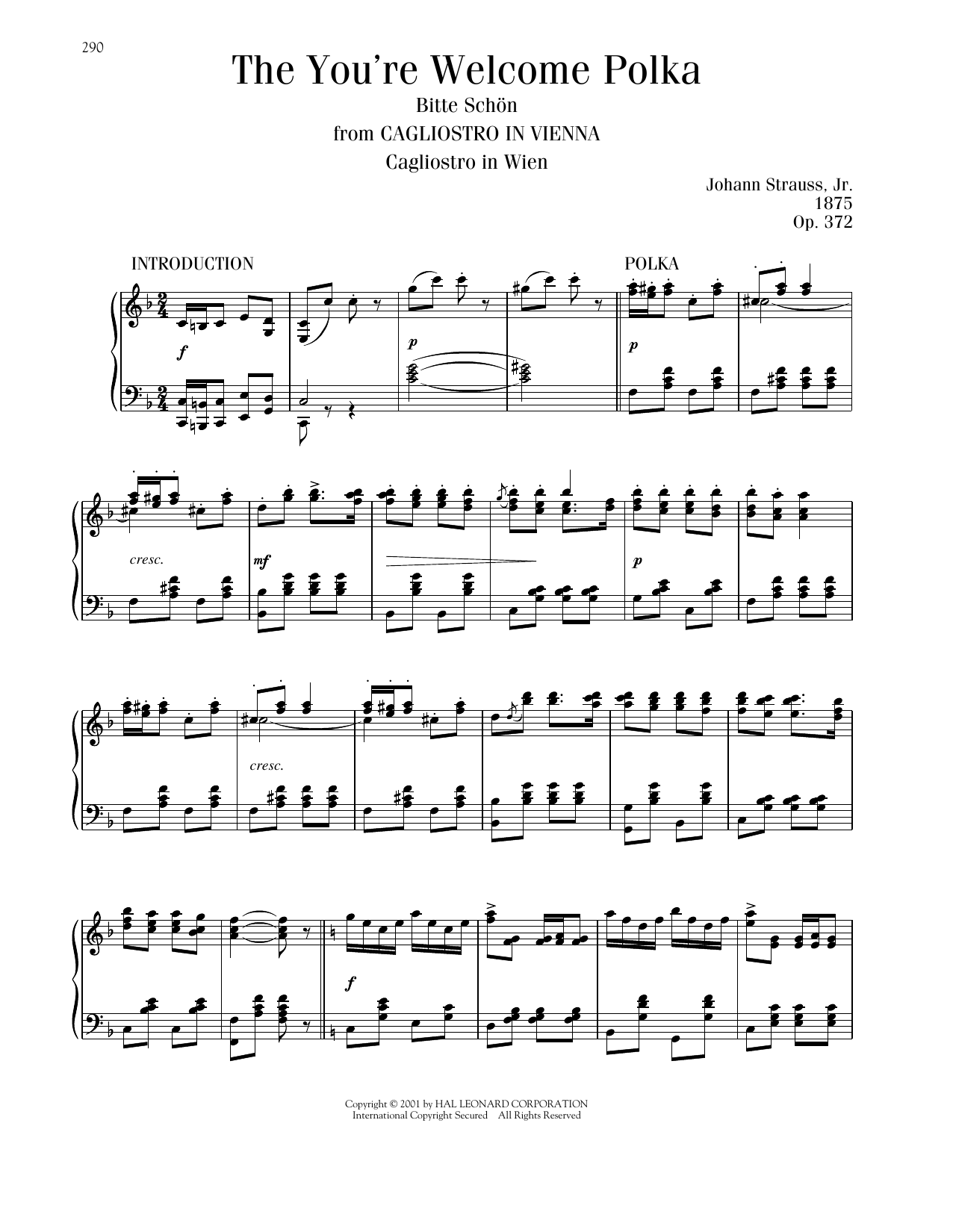 Johann Strauss The You're Welcome Polka, Op. 372 sheet music notes and chords arranged for Piano Solo