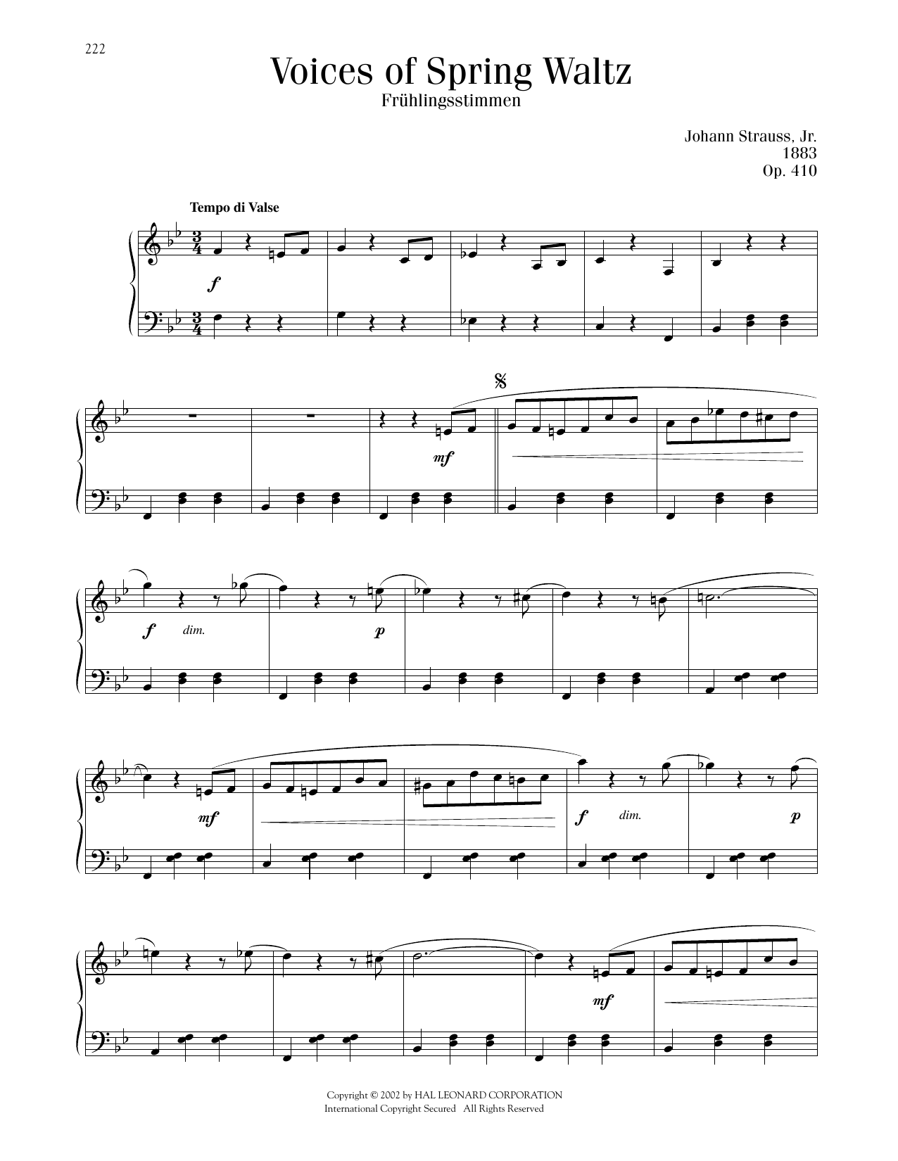 Johann Strauss Voices Of Spring Waltz, Op. 410 sheet music notes and chords arranged for Piano Solo