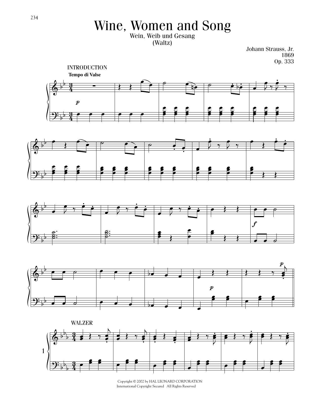 Johann Strauss Wine, Women And Song sheet music notes and chords arranged for Piano Solo