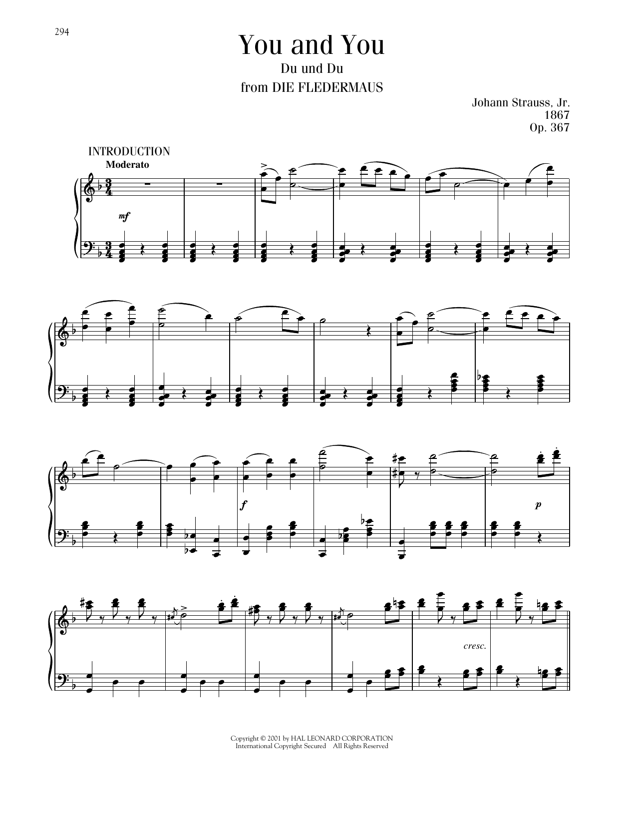 Johann Strauss You And You, Op. 367 sheet music notes and chords arranged for Piano Solo
