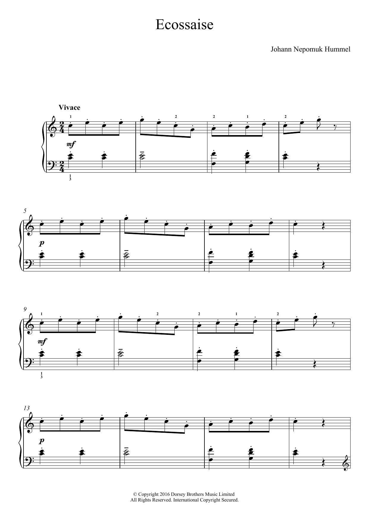Johann Nepomuk Hummel Ecossaise sheet music notes and chords arranged for Easy Piano