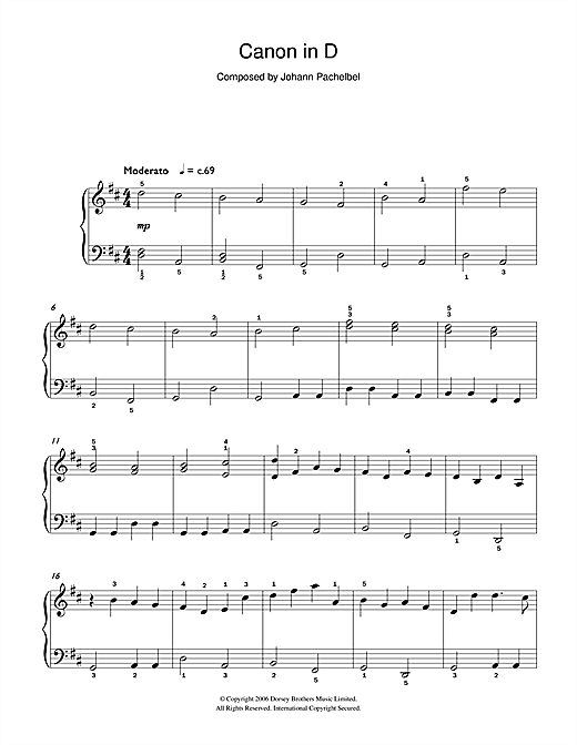 Johann Pachelbel Pachelbel's Canon in D Major sheet music notes and chords arranged for Beginner Piano