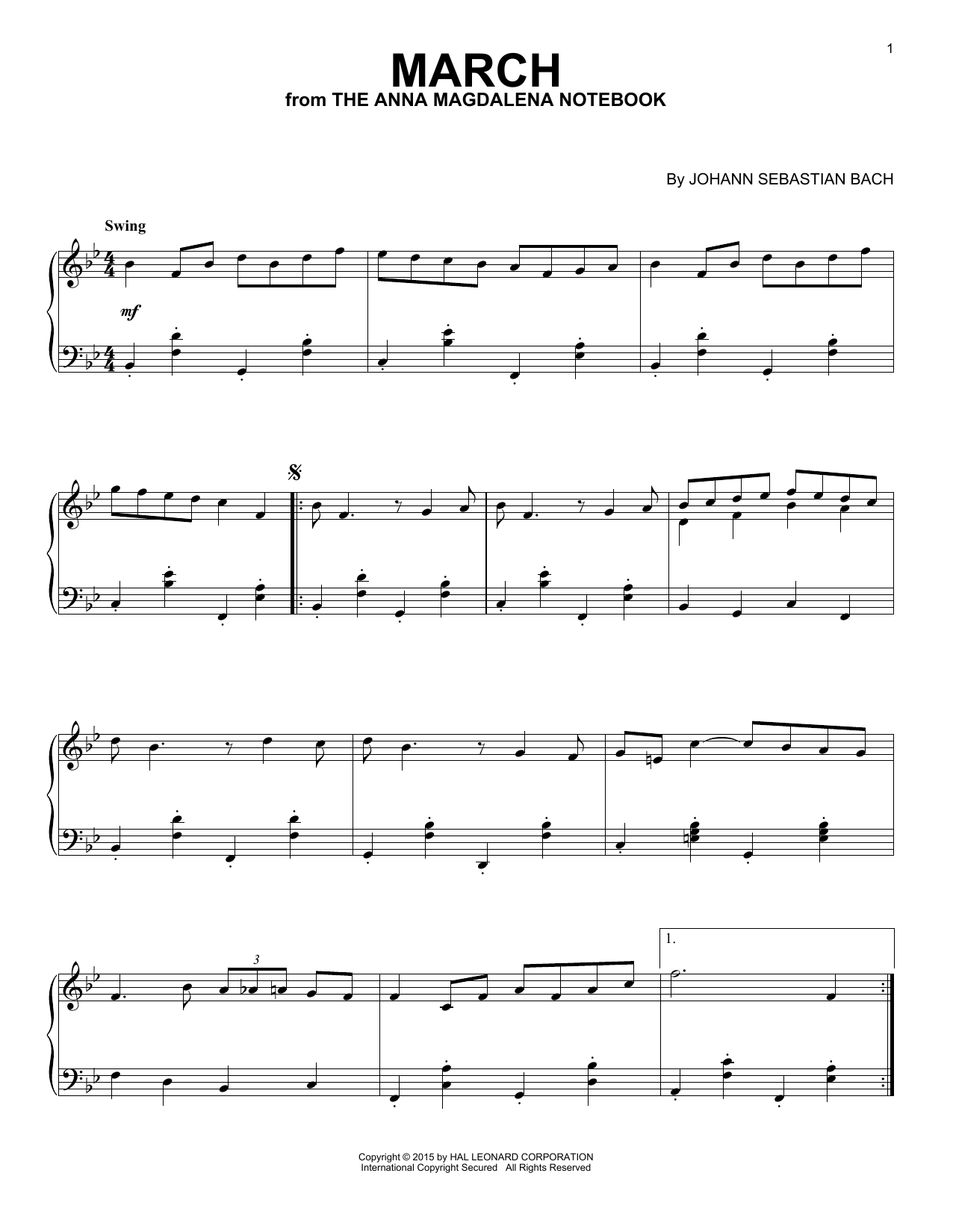 Johann Sebastian Bach March In D Major [Jazz version] sheet music notes and chords arranged for Piano Solo