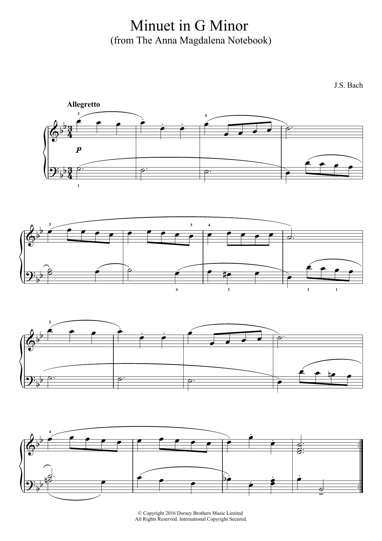 Johann Sebastian Bach Minuet in G Minor (from The Anna Magdalena Notebook) sheet music notes and chords arranged for Easy Piano