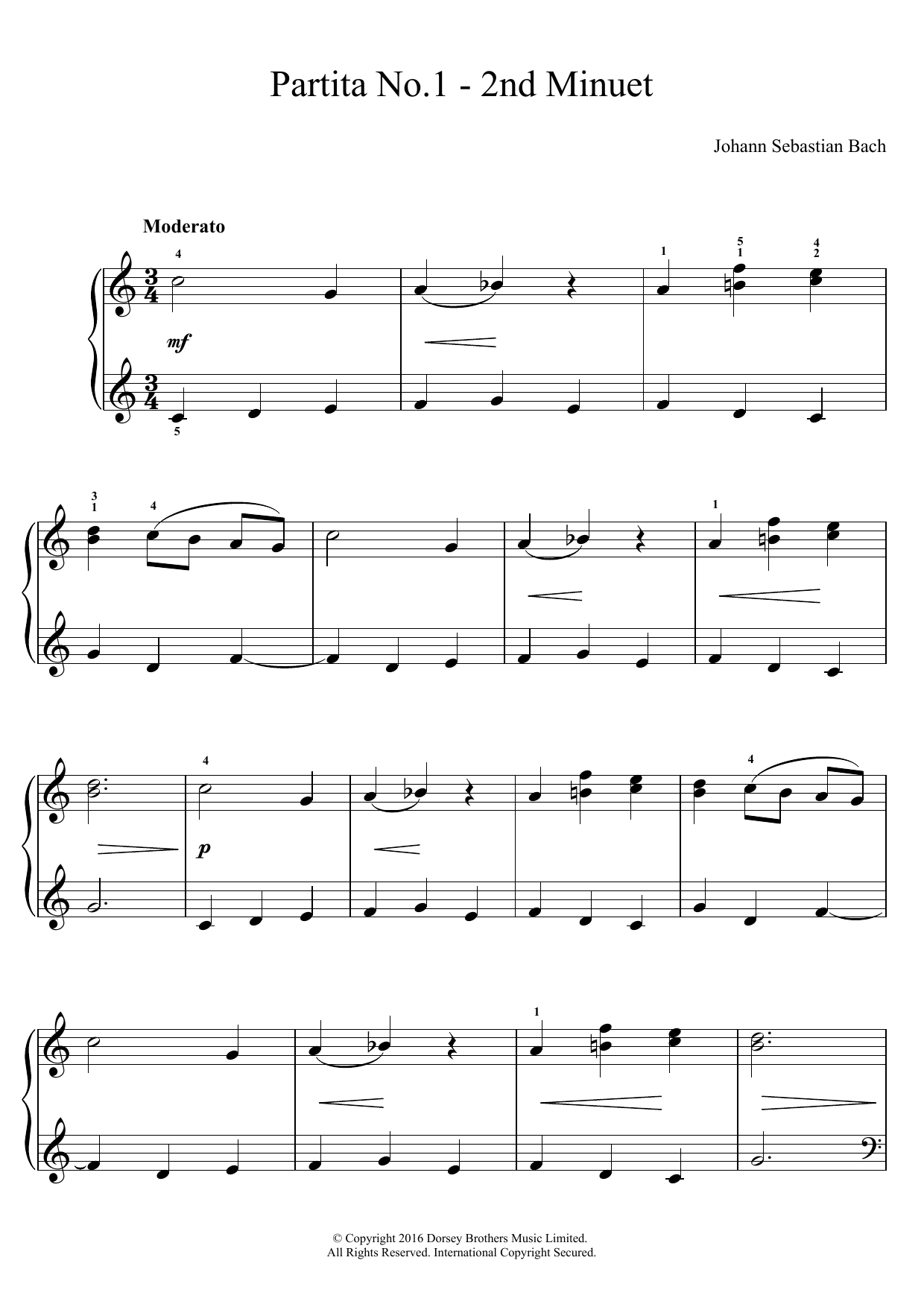 Johann Sebastian Bach Partita No. 1 - 2nd Minuet sheet music notes and chords arranged for Easy Piano