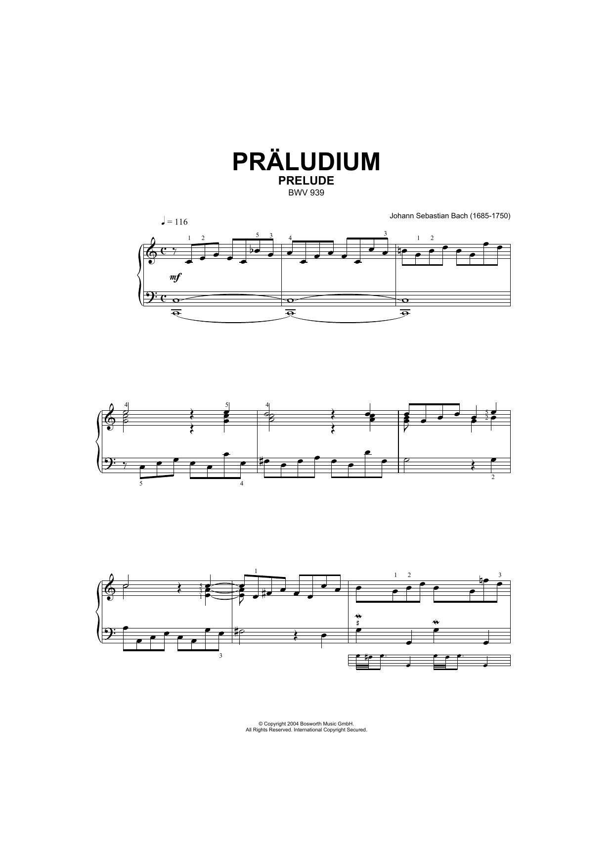 Johann Sebastian Bach Prelude, BWV 939 sheet music notes and chords arranged for Piano Solo
