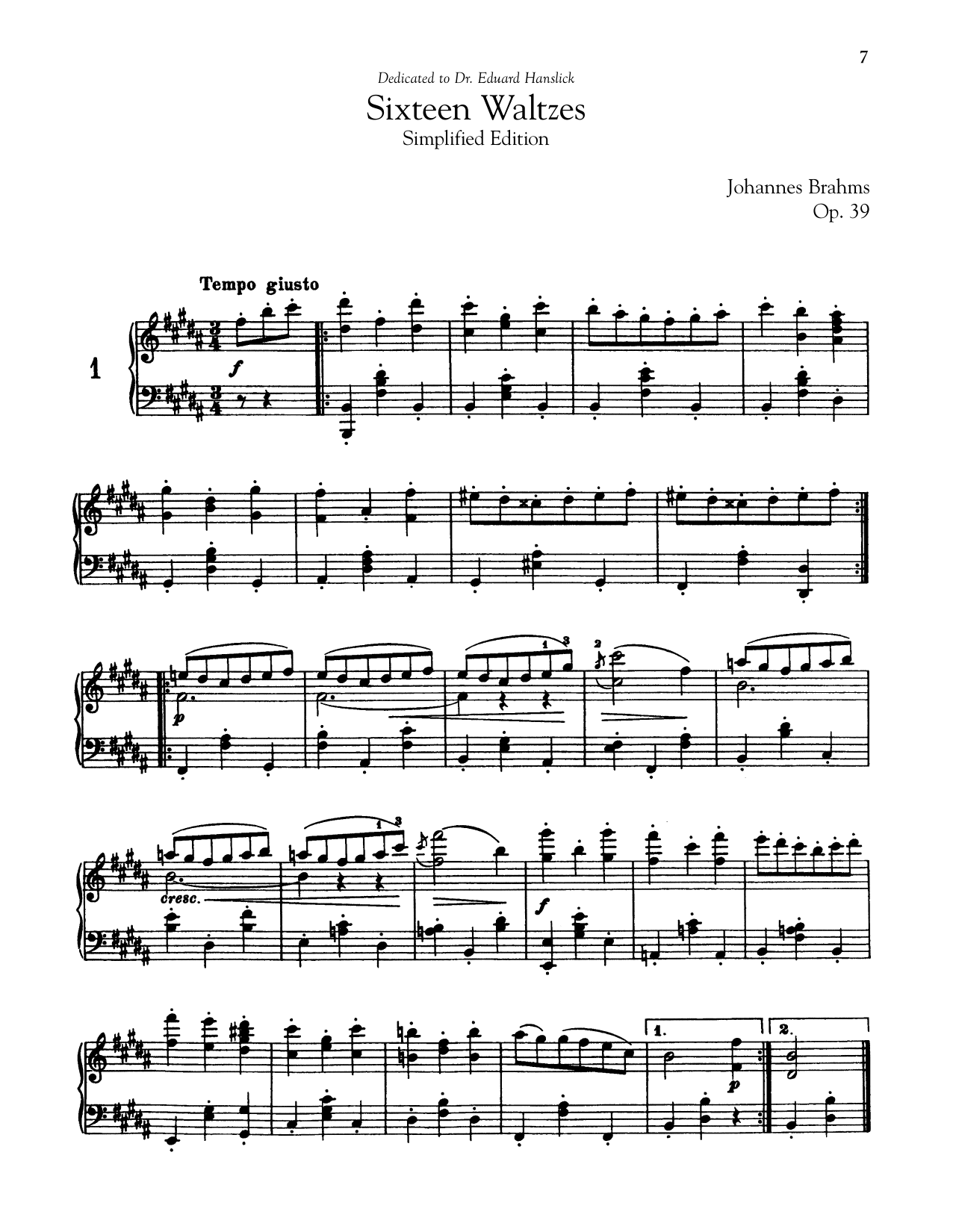 Johannes Brahms 16 Waltzes, Op. 39 (Simplified Edition) sheet music notes and chords arranged for Piano Solo