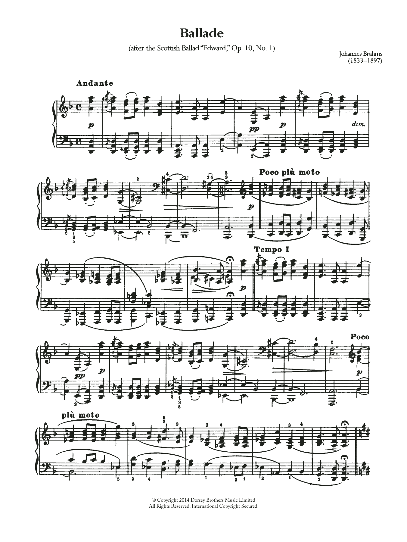Johannes Brahms Ballade, Op.10 No.1 sheet music notes and chords arranged for Piano Solo