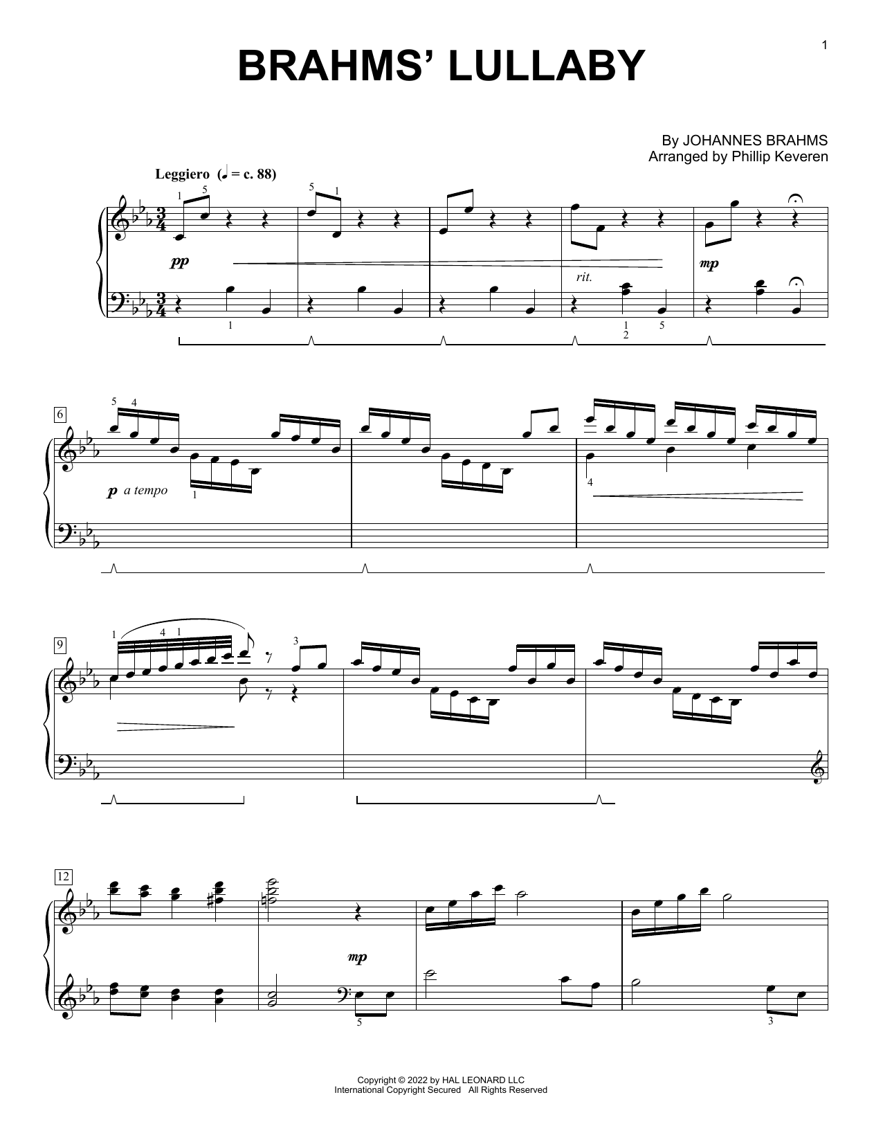Johannes Brahms Brahms' Lullaby (arr. Phillip Keveren) sheet music notes and chords arranged for Piano Solo