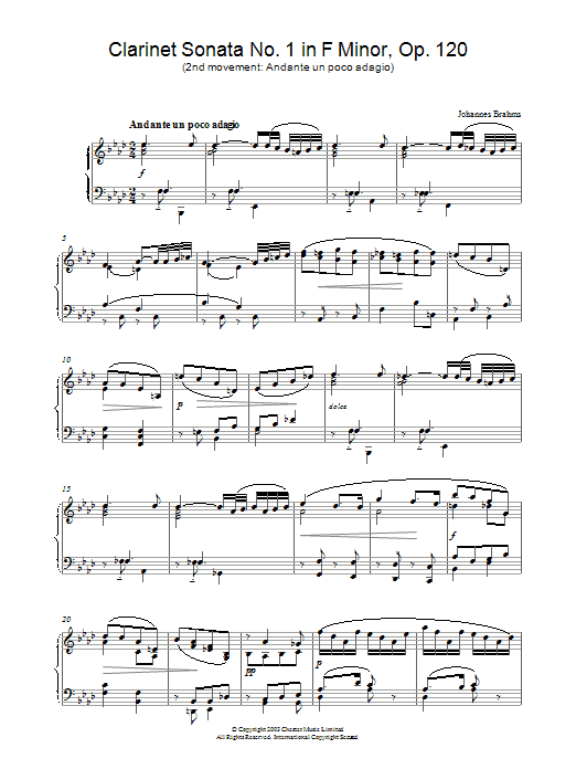 Johannes Brahms Clarinet Sonata No. 1 in F Minor, Op. 120 (2nd movement: Andante un poco adagio) sheet music notes and chords arranged for Piano Solo