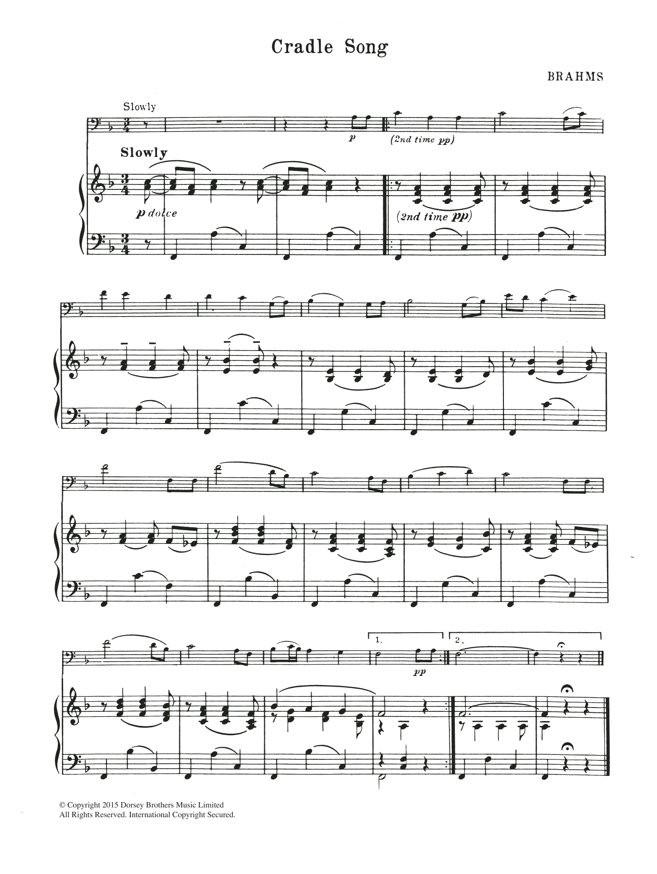 Johannes Brahms Cradle Song sheet music notes and chords arranged for Cello Solo