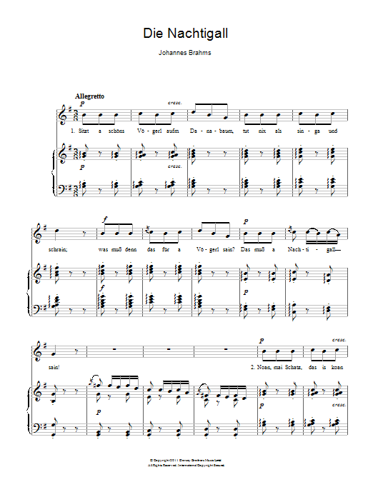 Johannes Brahms Die Nachtigall sheet music notes and chords arranged for Piano & Vocal
