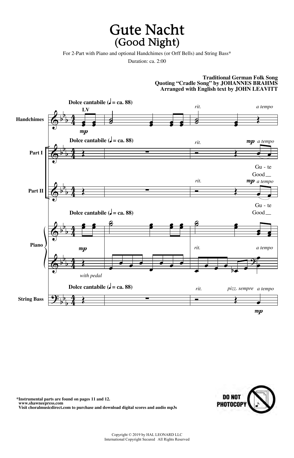 Johannes Brahms Gute Nacht (Good Night) (arr. John Leavitt) sheet music notes and chords arranged for 2-Part Choir