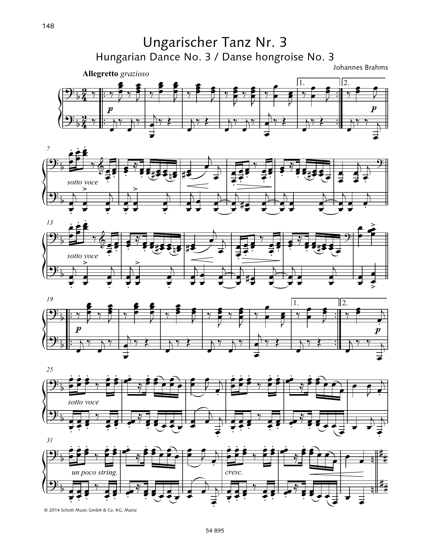 Johannes Brahms Hungarian Dance No. 3 sheet music notes and chords arranged for Piano Duet