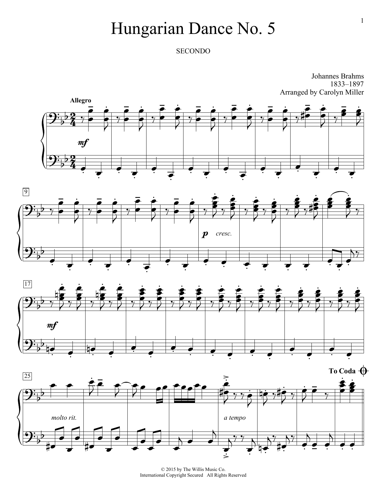 Johannes Brahms Hungarian Dance No. 5 (arr. Carolyn Miller) sheet music notes and chords arranged for Piano Duet