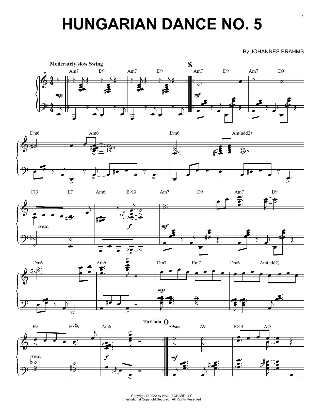 Johannes Brahms Hungarian Dance No. 5 [Jazz version] (arr. Brent Edstrom) sheet music notes and chords arranged for Piano Solo