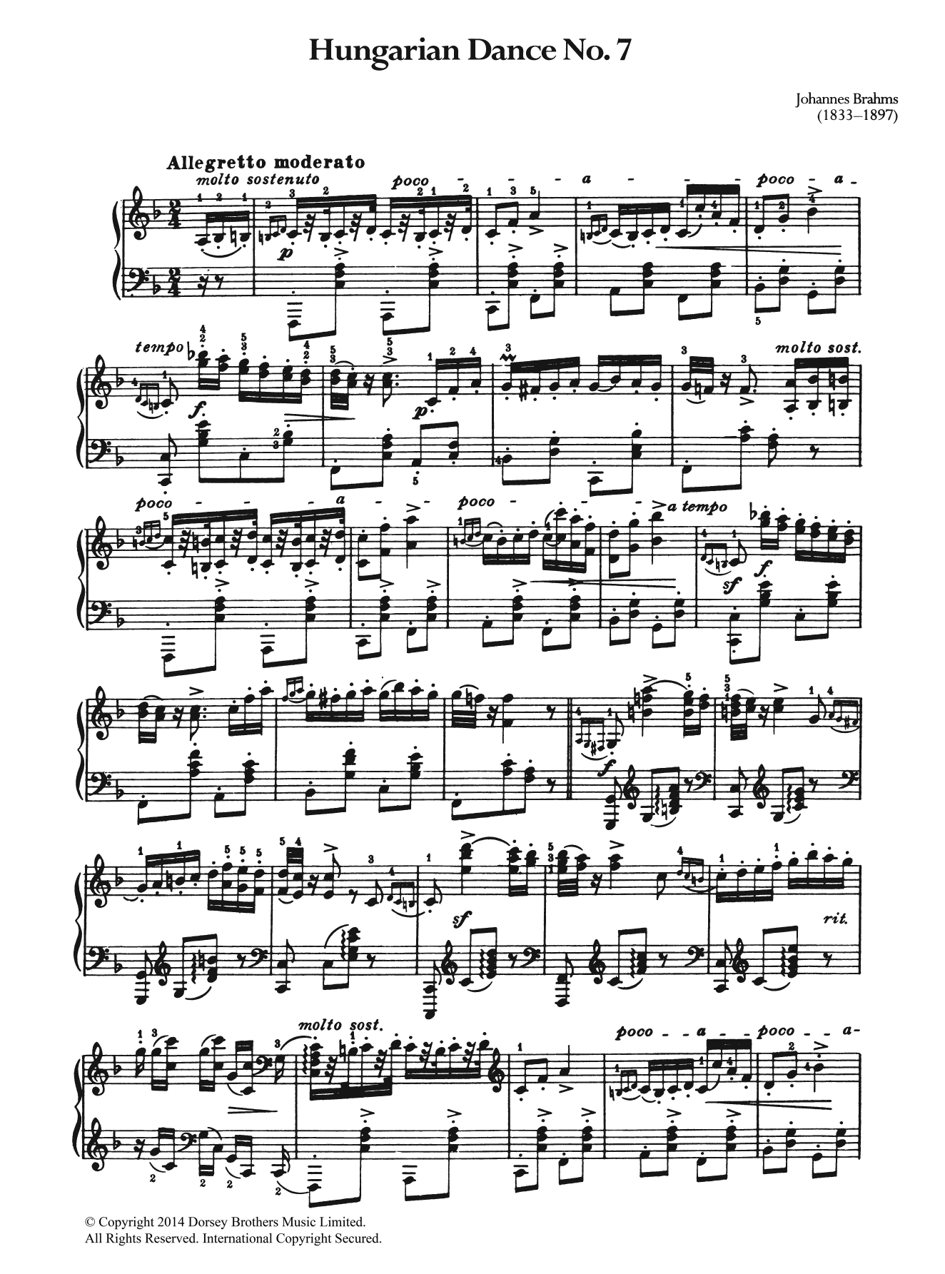 Johannes Brahms Hungarian Dance No.7 sheet music notes and chords arranged for Piano Solo