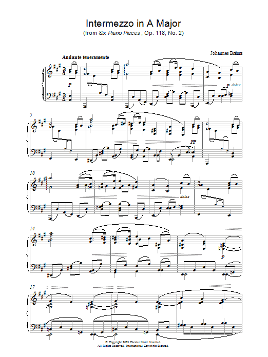 Johannes Brahms Intermezzo in A Major (from Six Piano Pieces, Op. 118, No. 2) sheet music notes and chords arranged for Piano Solo