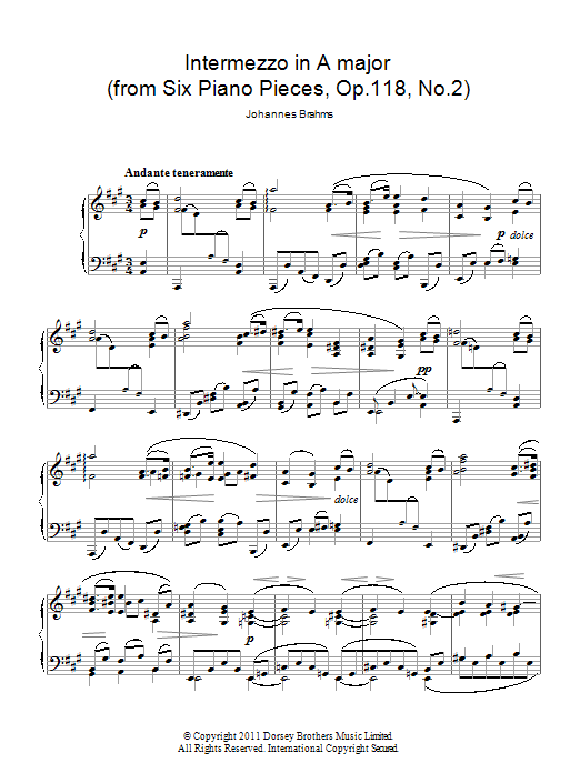 Johannes Brahms Intermezzo In A Major Op. 118 No. 2 sheet music notes and chords arranged for Piano Solo