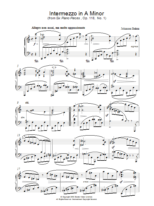 Johannes Brahms Intermezzo in A Minor (from Six Piano Pieces, Op. 118, No. 1) sheet music notes and chords arranged for Piano Solo