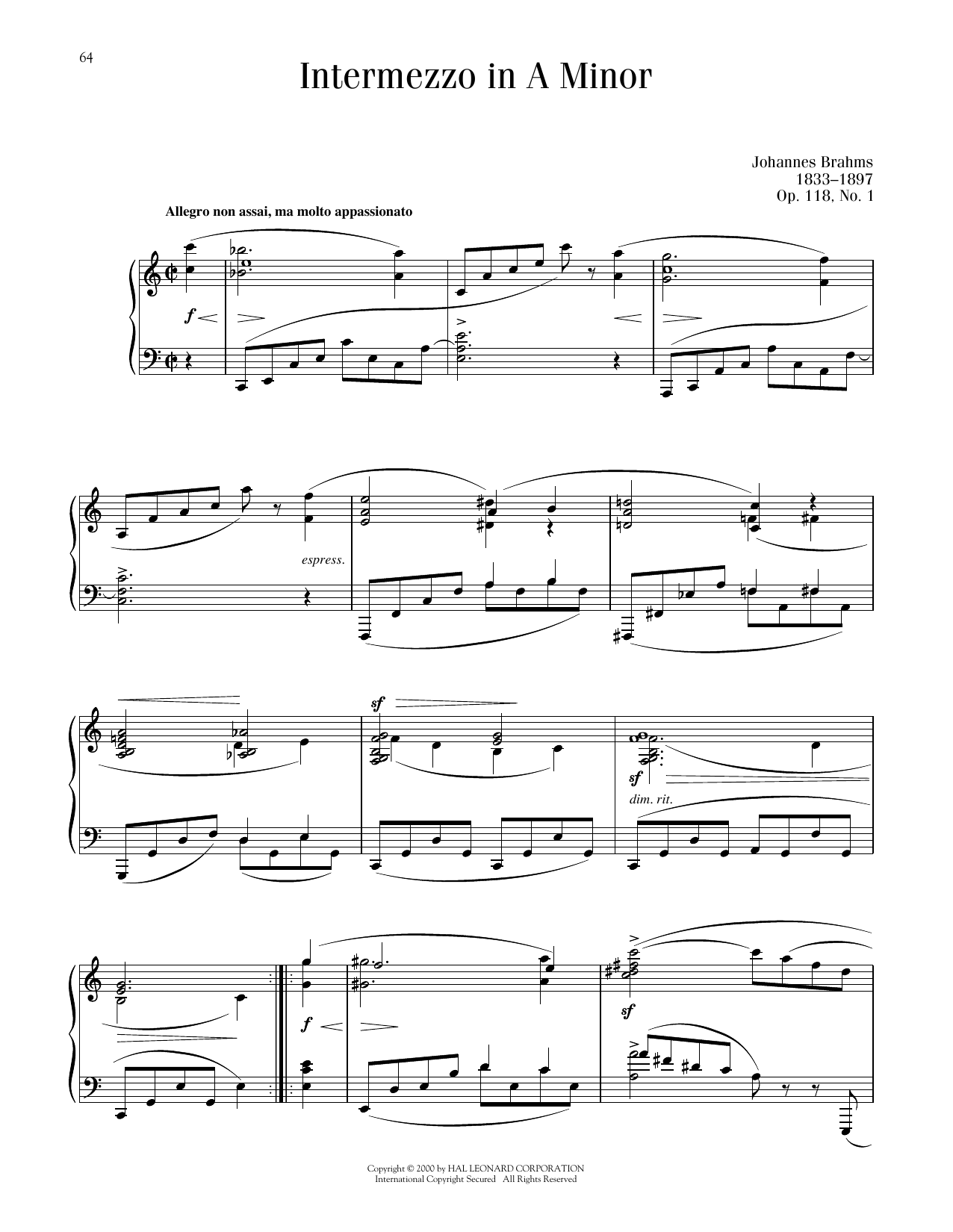 Johannes Brahms Intermezzo In A Minor, Op. 118, No. 1 sheet music notes and chords arranged for Piano Solo