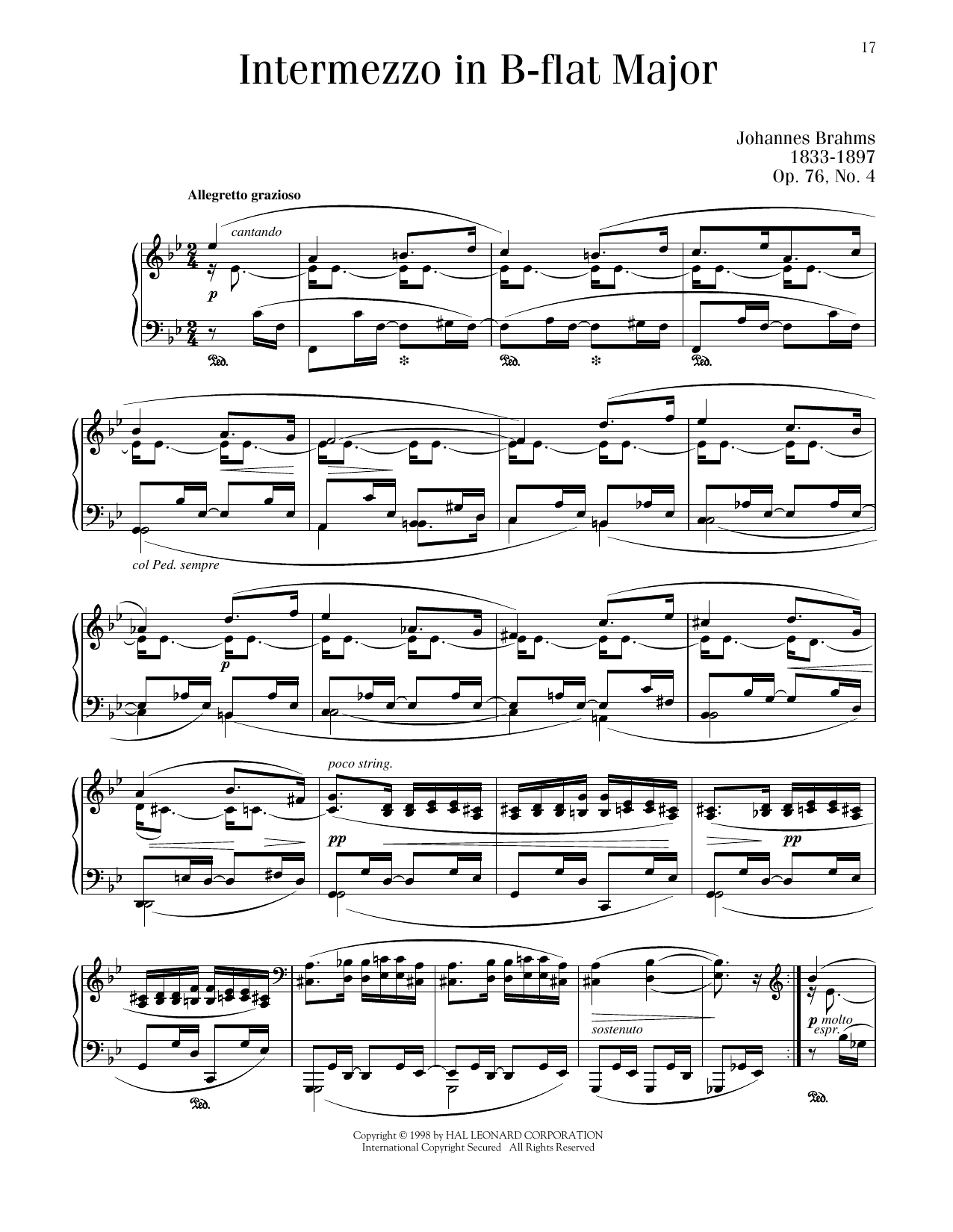 Johannes Brahms Intermezzo In B-flat Major, Op. 76, No. 4 sheet music notes and chords arranged for Piano Solo