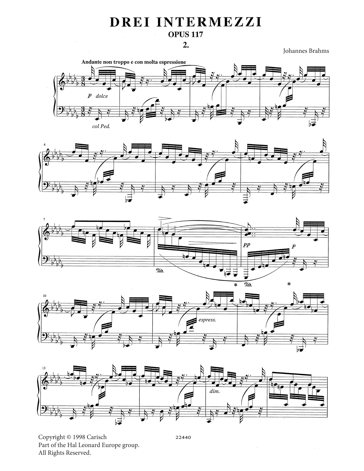 Johannes Brahms Intermezzo in B Flat Minor Op. 117 No. 2 sheet music notes and chords arranged for Piano Solo