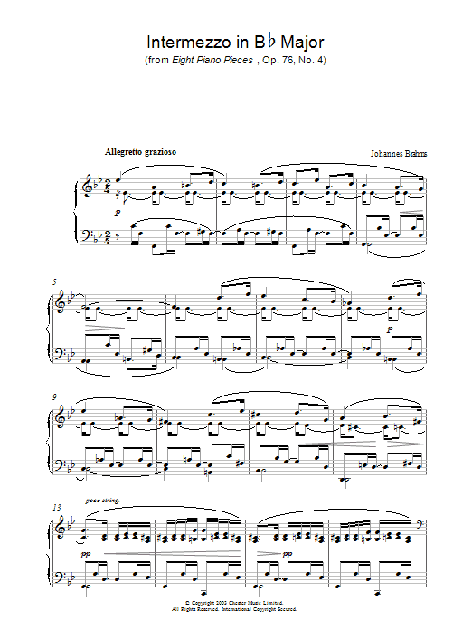 Johannes Brahms Intermezzo in Bb Major (from Eight Piano Pieces, Op. 76, No. 4) sheet music notes and chords arranged for Piano Solo