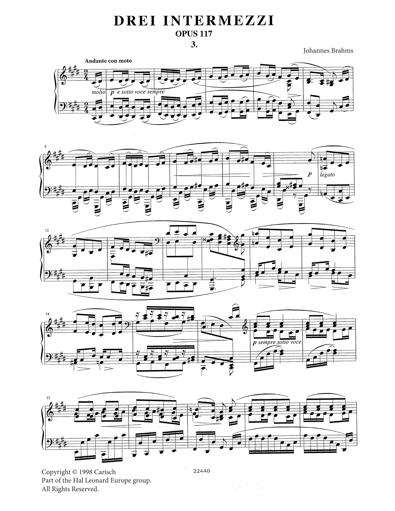 Johannes Brahms Intermezzo in C Sharp Minor Op. 117 No. 3 sheet music notes and chords arranged for Piano Solo