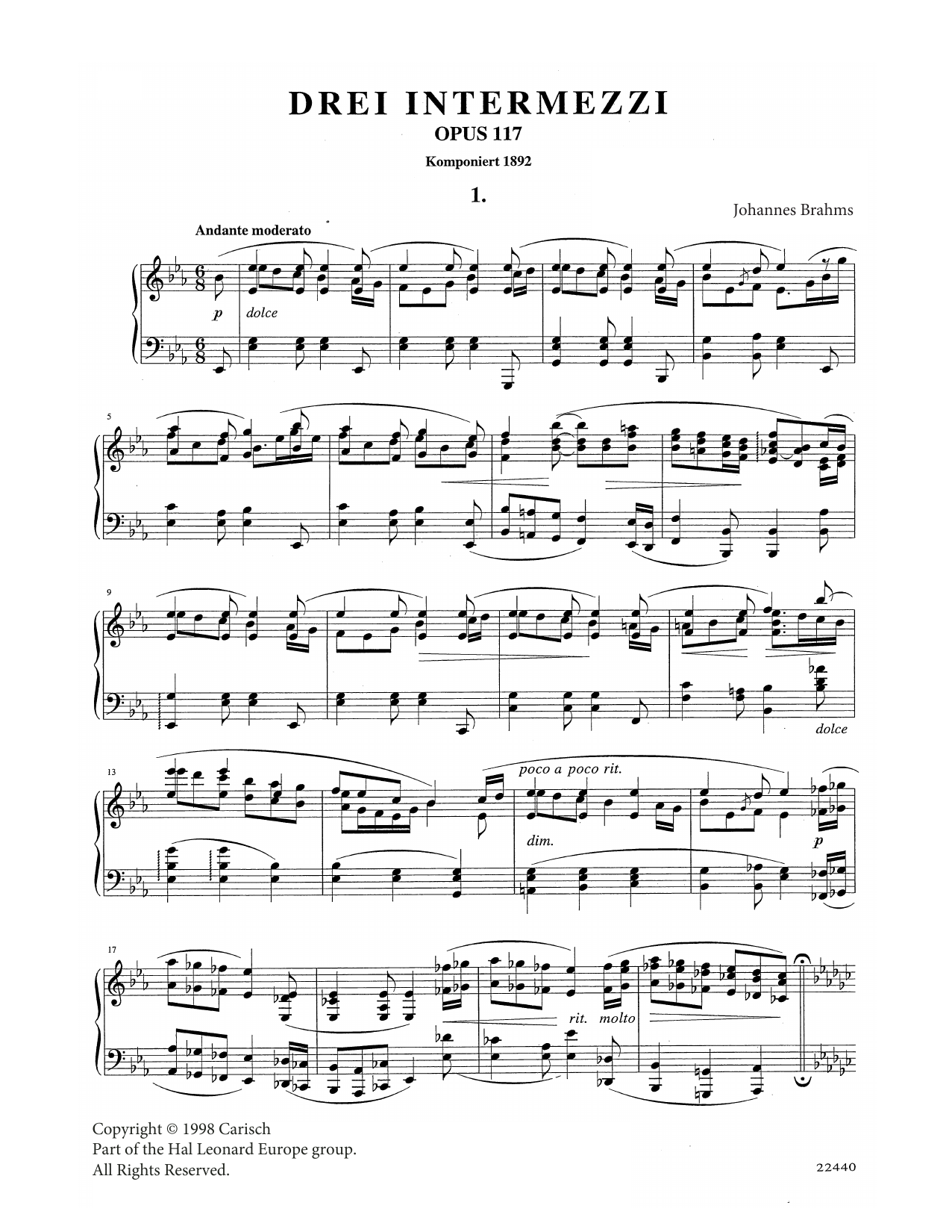 Johannes Brahms Intermezzo in E Flat Major Op. 117 No. 1 sheet music notes and chords arranged for Piano Solo