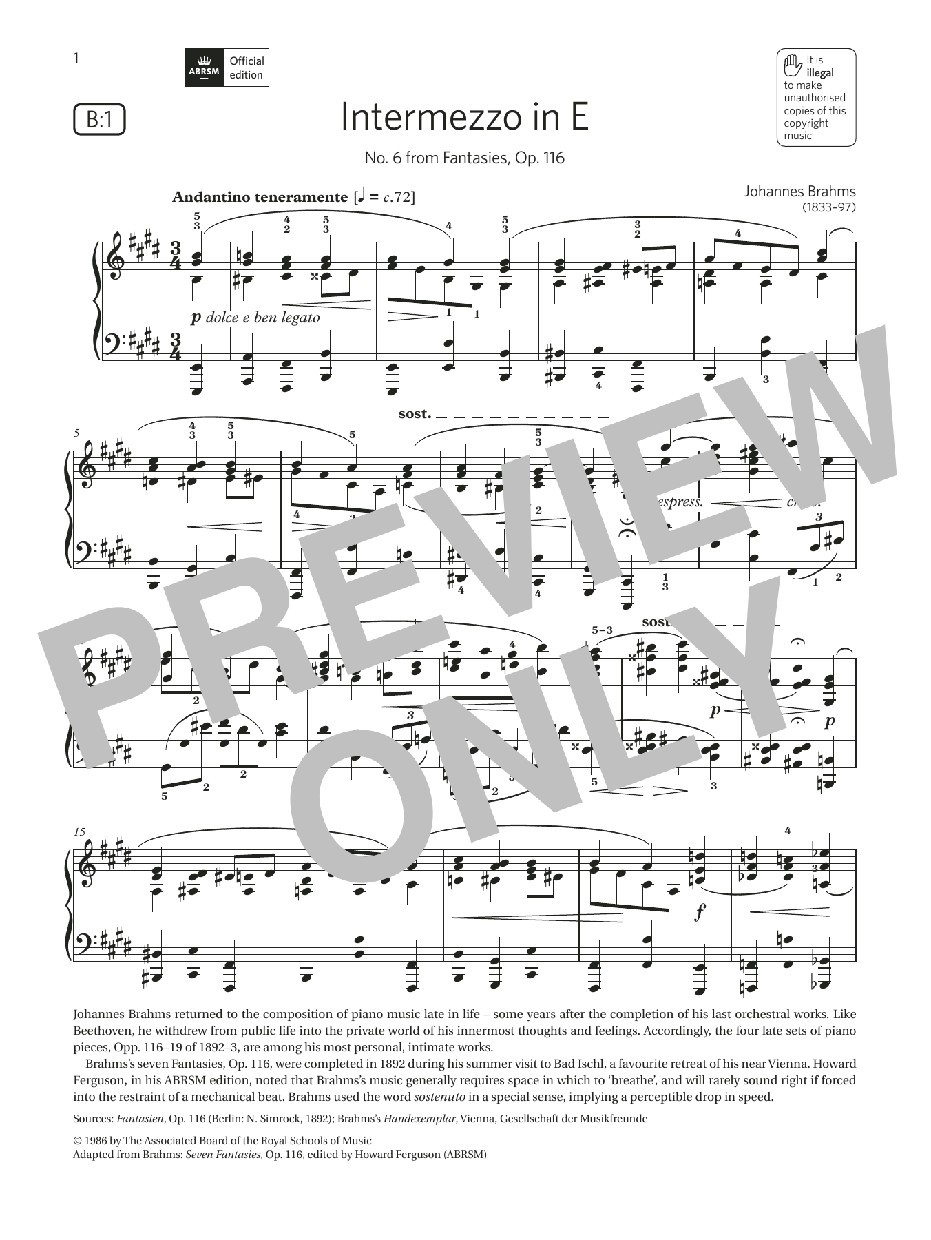Johannes Brahms Intermezzo in E (Grade 8, list B1, from the ABRSM Piano Syllabus 2021 & 2022) sheet music notes and chords arranged for Piano Solo