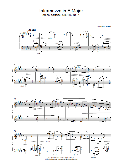 Johannes Brahms Intermezzo in E Major (from Fantasies, Op. 116, No. 4) sheet music notes and chords arranged for Piano Solo