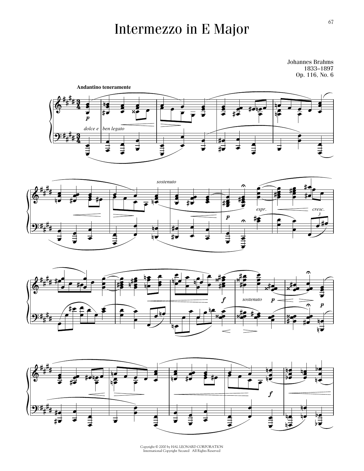 Johannes Brahms Intermezzo In E Major, Op. 116, No. 6 sheet music notes and chords arranged for Piano Solo