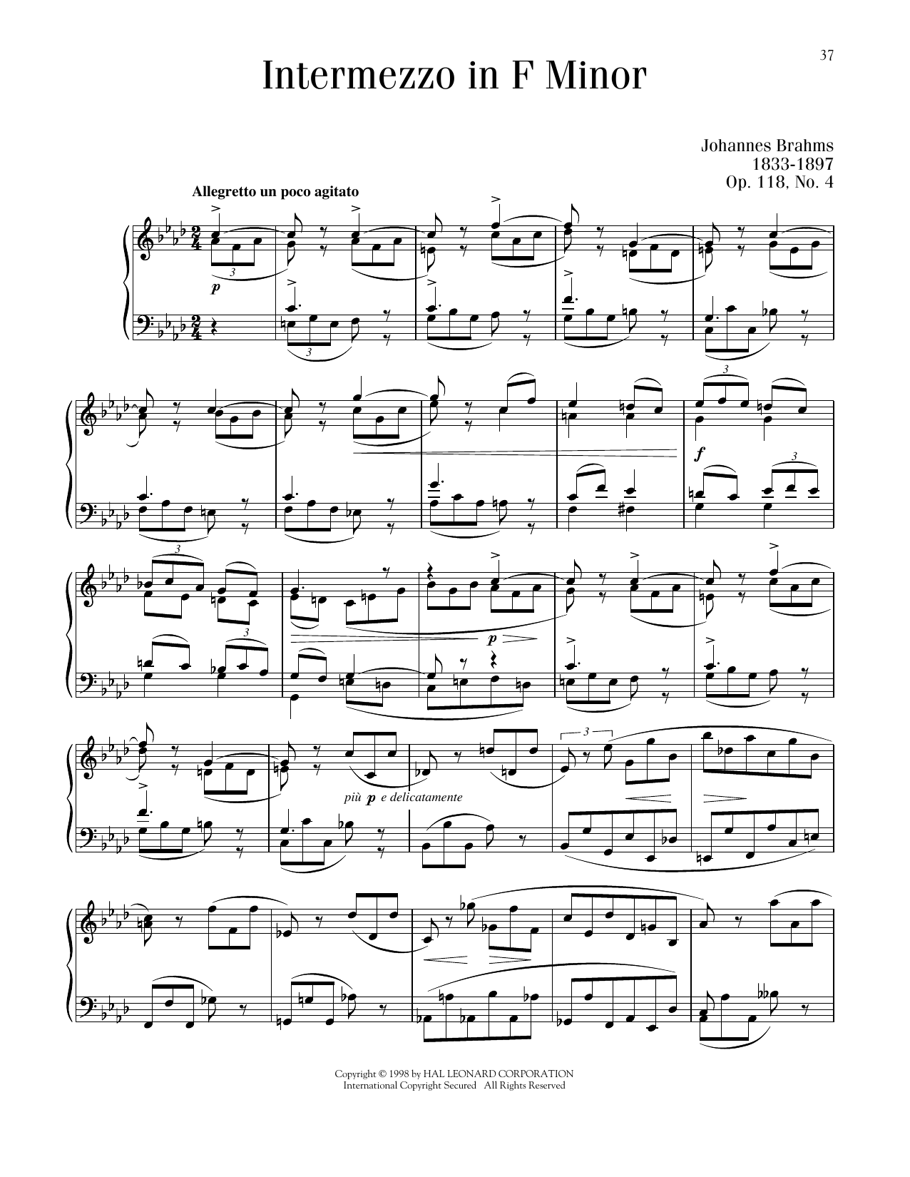 Johannes Brahms Intermezzo, Op. 118, No. 4 sheet music notes and chords arranged for Piano Solo