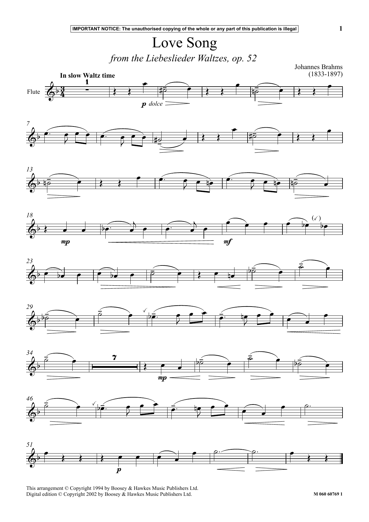 Johannes Brahms Love Song (from The Liebeslieder Waltzes, Op. 52) sheet music notes and chords arranged for Instrumental Solo
